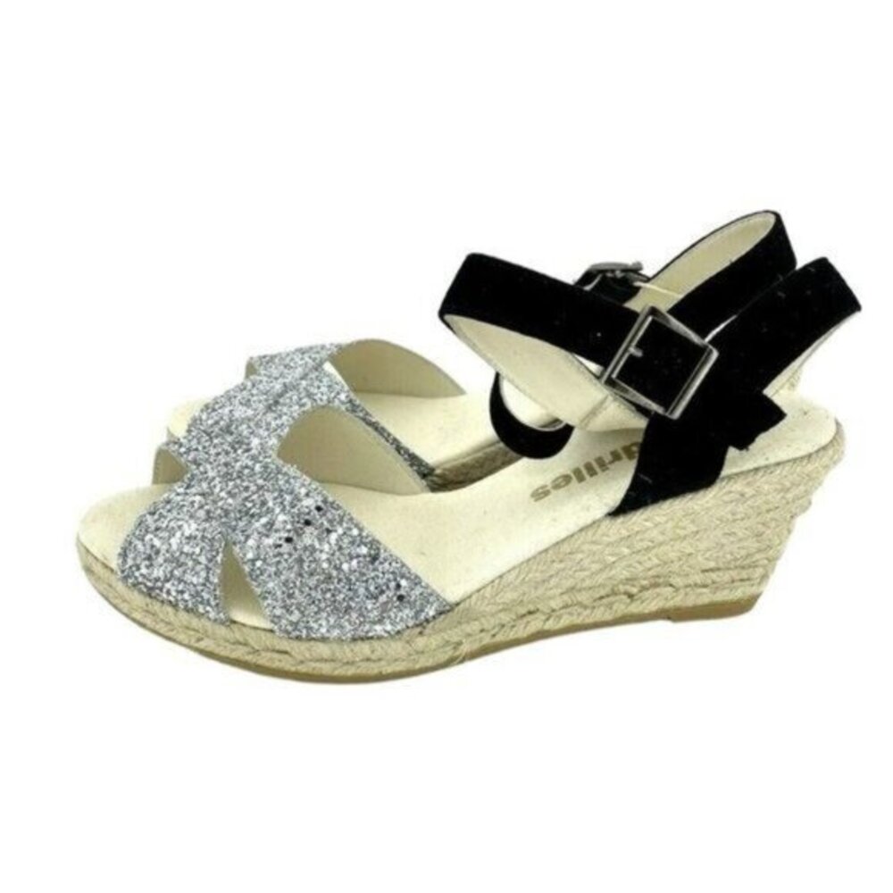 ESPADRILLES Boem Wedge Sandals Silver Glitter Black Suede Sz 42 US 11.5 US NIB